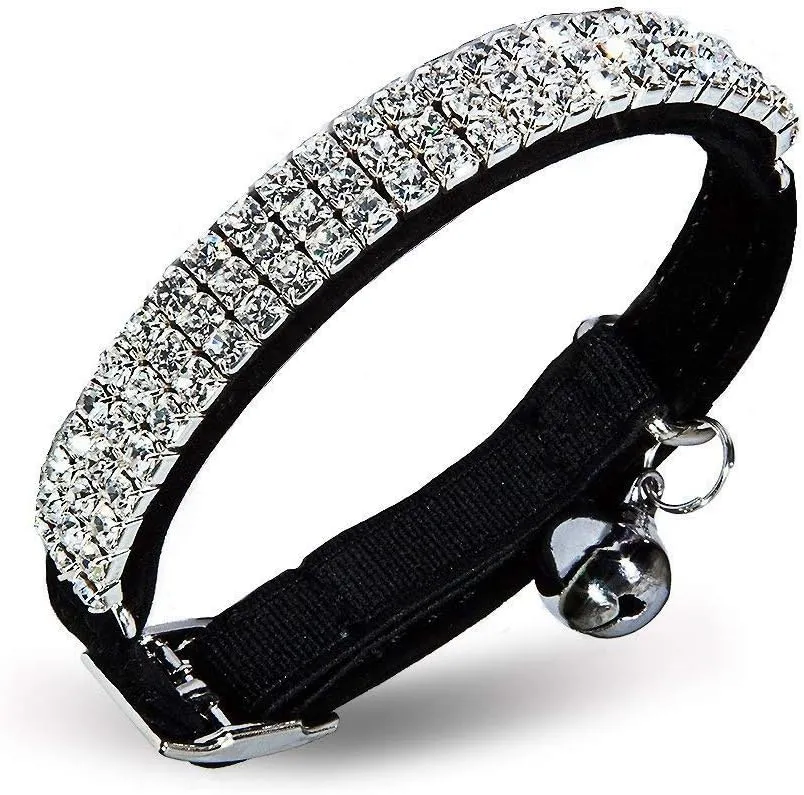 Soft Velvet Safe Cat Bell Collar, Adjustable Mini Bling Diamante with Bells, Safety Quick Releas Belt 11 inch for Small Dogs and Cats (Black)