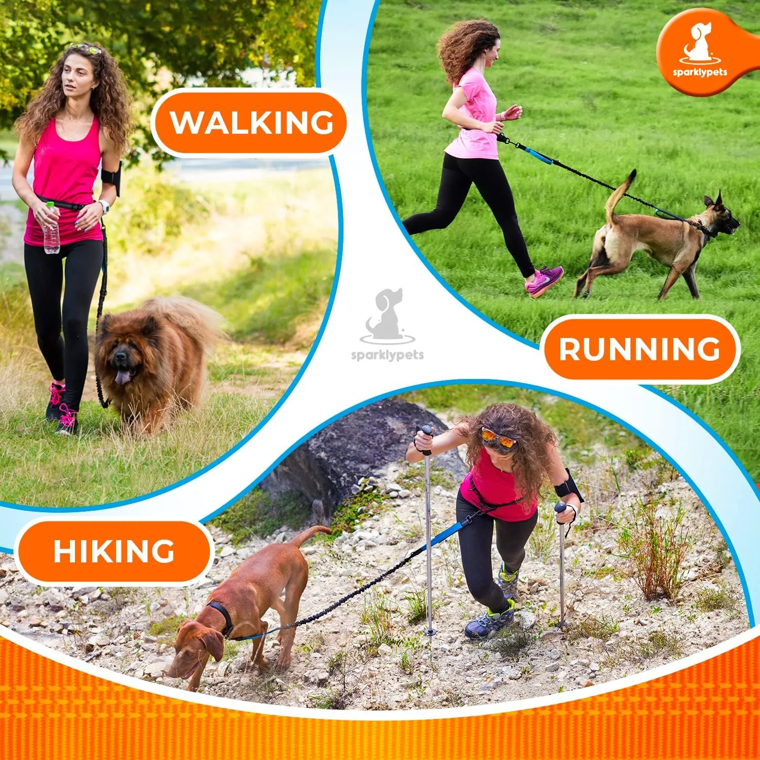 SparklyPets - Hands Free Dog Leash with Reflective Stitches - Waist Leash for Dog Walking, Hiking, Training, Jogging, Canicross, Running - for Medium & Large Breeds