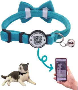 THAIN Personalized Cat Collar with Bell and Bowtie Breakaway QR Code Name Smart ID tag Quick Release Soft Comfortable Collar for Cats and Kittens (Blue)