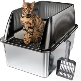 Tripamin 15 Stainless Steel Cat Litter Box,XL Stainless Steel with High Sides, Extra Large Metal Cat Litter Box for Big Cats, Multi Cats&Kitty, Easy Cleaning, Non-Sticky(Translucent Black)