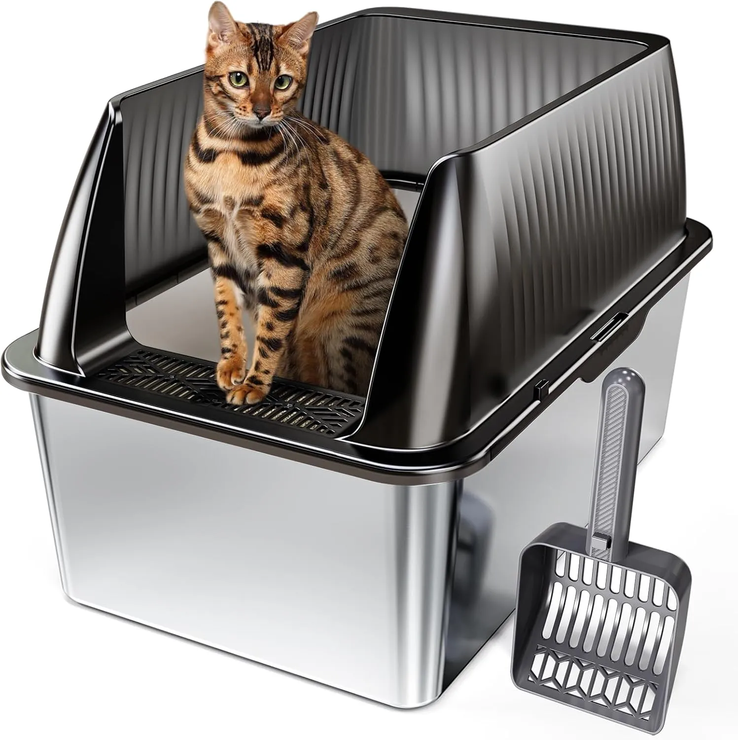 Tripamin 15 Stainless Steel Cat Litter Box,XL Stainless Steel with High Sides, Extra Large Metal Cat Litter Box for Big Cats, Multi Cats&Kitty, Easy Cleaning, Non-Sticky(Translucent Black)