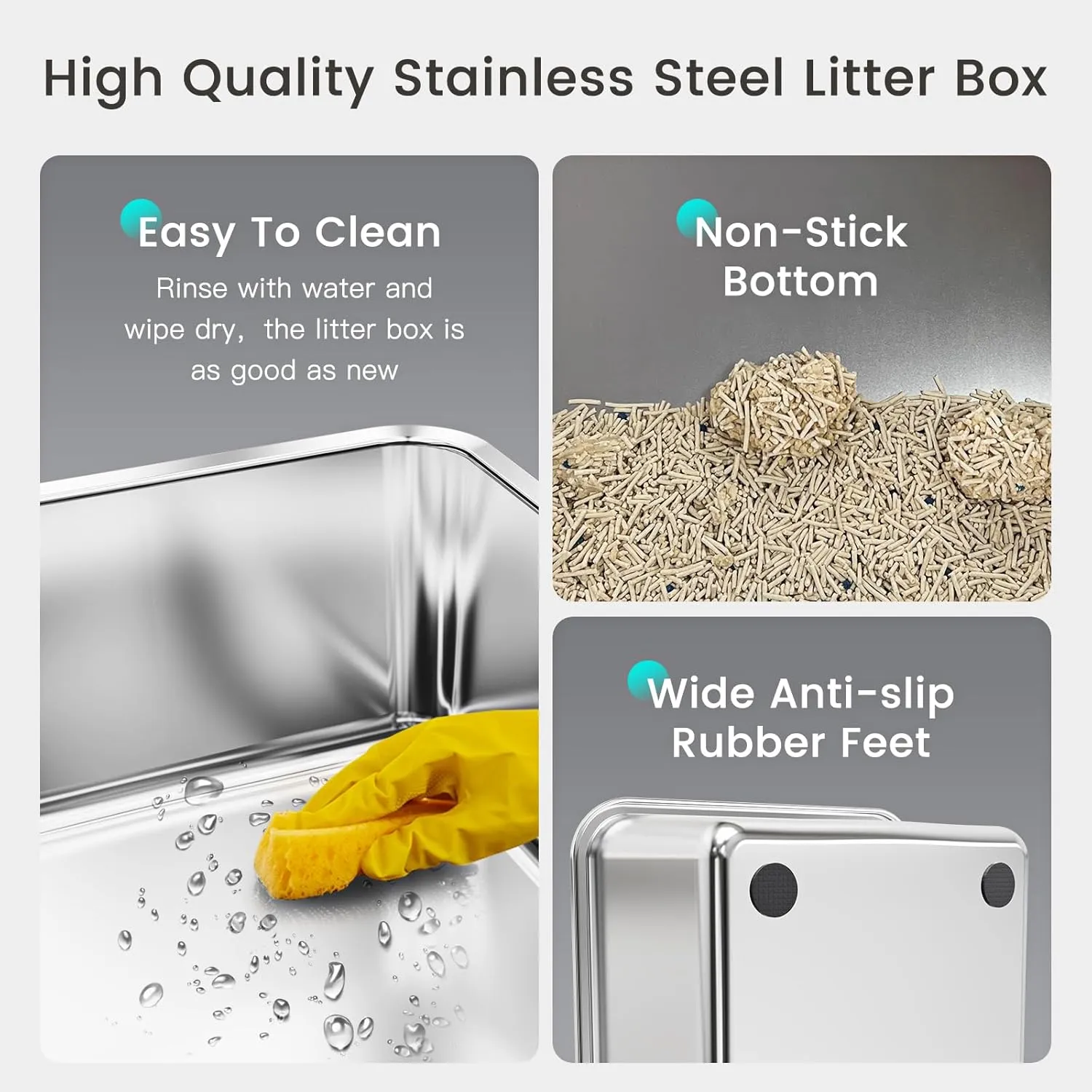Tripamin 15 Stainless Steel Cat Litter Box,XL Stainless Steel with High Sides, Extra Large Metal Cat Litter Box for Big Cats, Multi Cats&Kitty, Easy Cleaning, Non-Sticky(Translucent Black)
