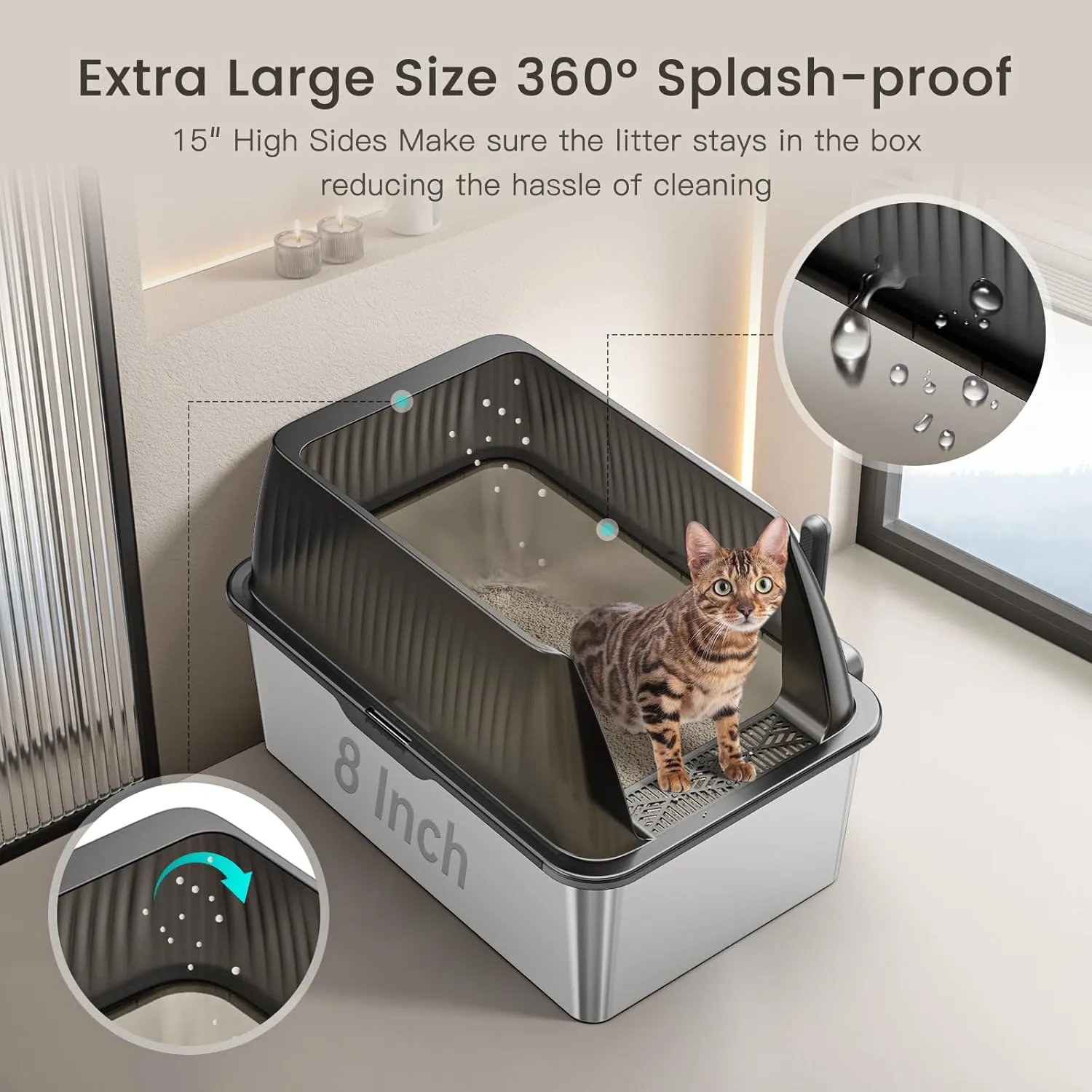 Tripamin 15 Stainless Steel Cat Litter Box,XL Stainless Steel with High Sides, Extra Large Metal Cat Litter Box for Big Cats, Multi Cats&Kitty, Easy Cleaning, Non-Sticky(Translucent Black)
