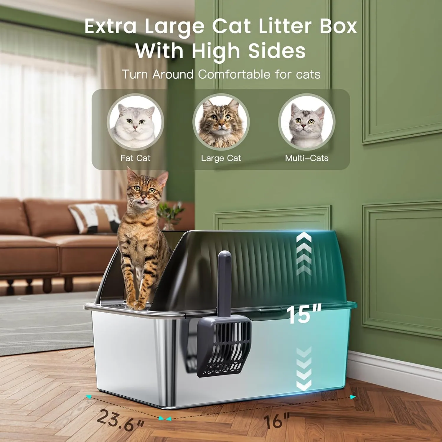 Tripamin 15 Stainless Steel Cat Litter Box,XL Stainless Steel with High Sides, Extra Large Metal Cat Litter Box for Big Cats, Multi Cats&Kitty, Easy Cleaning, Non-Sticky(Translucent Black)