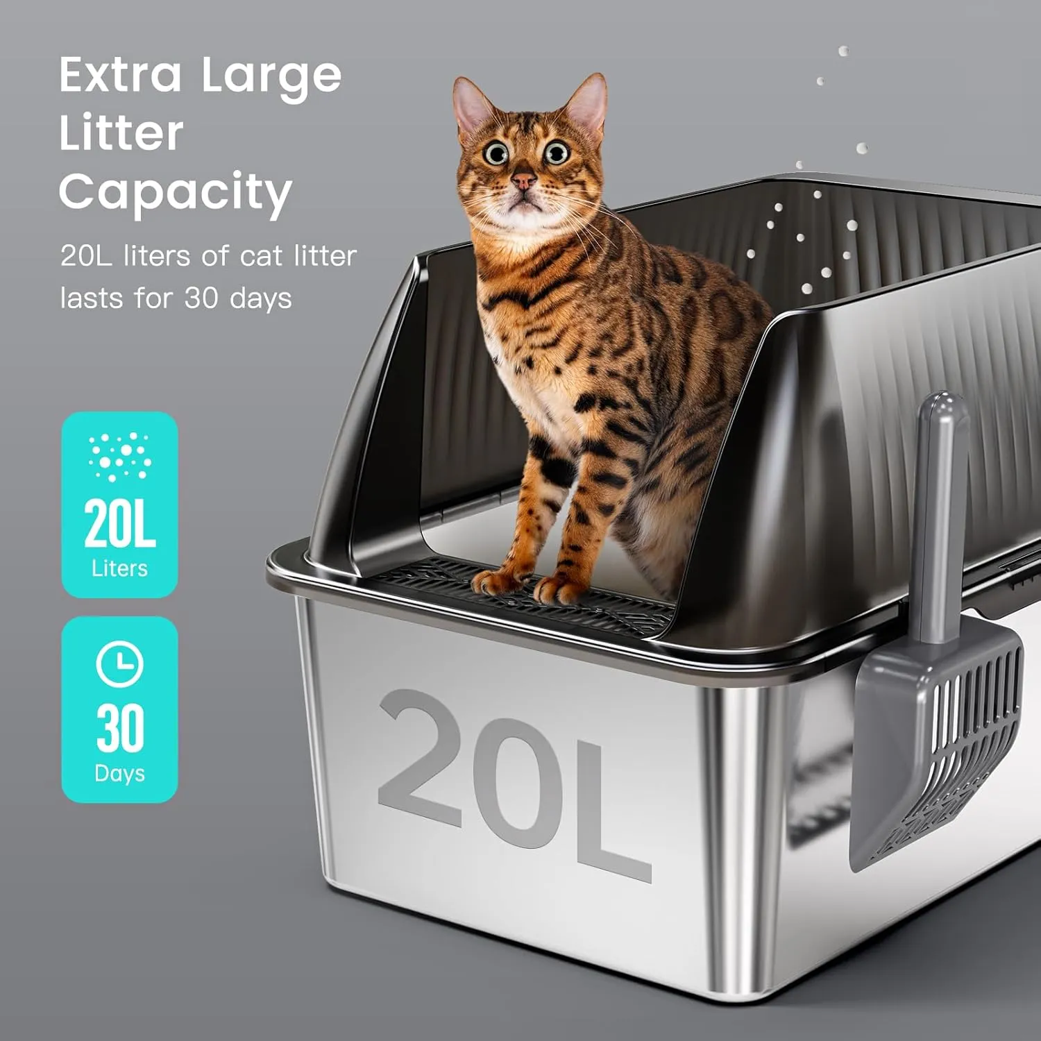 Tripamin 15 Stainless Steel Cat Litter Box,XL Stainless Steel with High Sides, Extra Large Metal Cat Litter Box for Big Cats, Multi Cats&Kitty, Easy Cleaning, Non-Sticky(Translucent Black)
