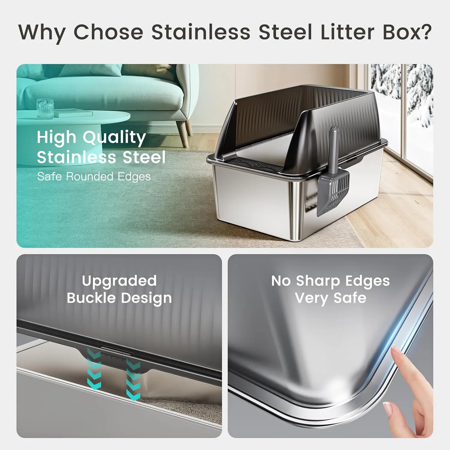 Tripamin 15 Stainless Steel Cat Litter Box,XL Stainless Steel with High Sides, Extra Large Metal Cat Litter Box for Big Cats, Multi Cats&Kitty, Easy Cleaning, Non-Sticky(Translucent Black)